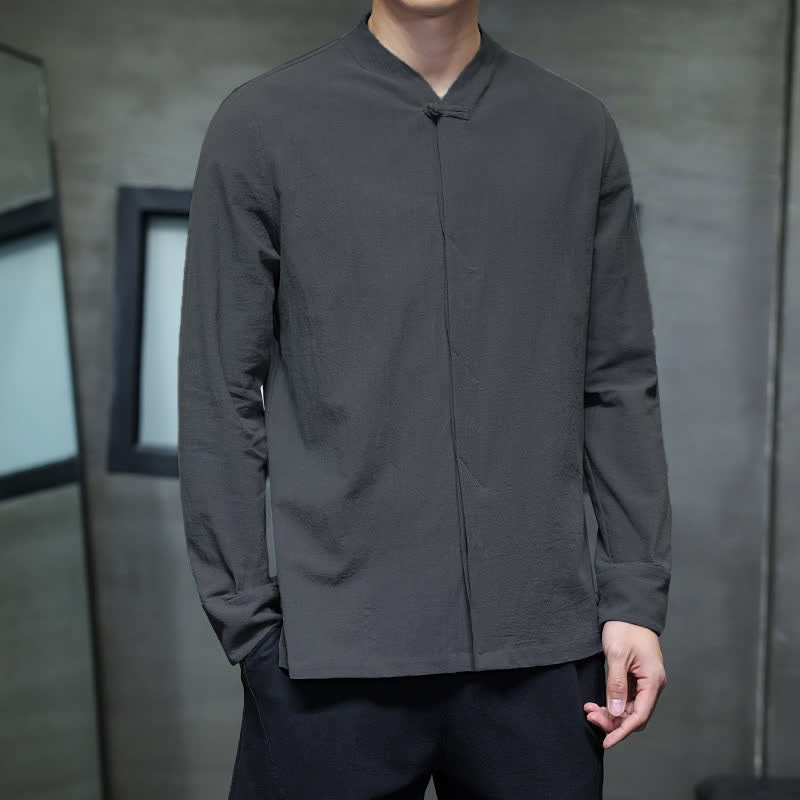 Buddha Stones Fall Tang Style Minimalist Frog Button Solid Men's Long Sleeve Shirts - image 1