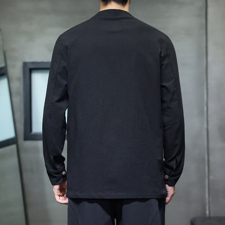 Buddha Stones Fall Tang Style Minimalist Frog Button Solid Men's Long Sleeve Shirts - image 21