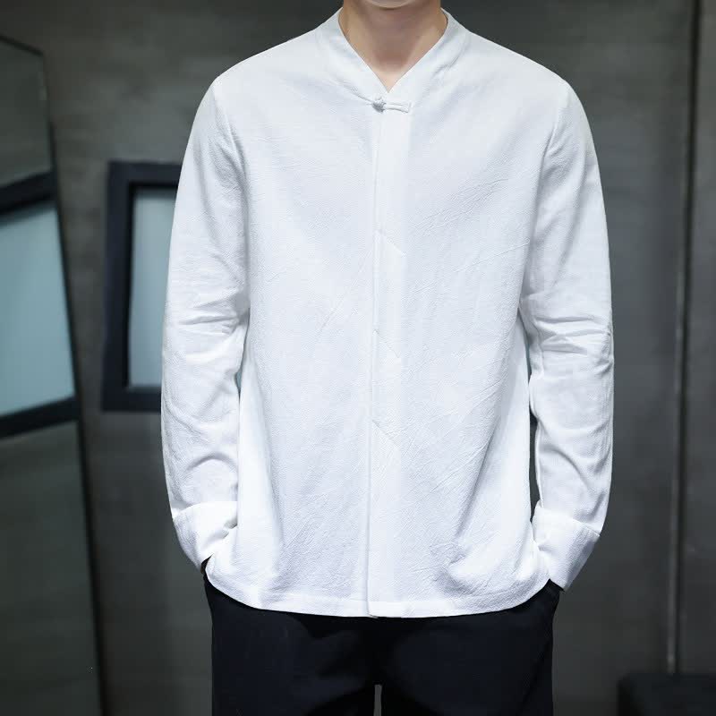 Buddha Stones Fall Tang Style Minimalist Frog Button Solid Men's Long Sleeve Shirts - White - US/UK/AU46, EU56 (5XL) - image 24