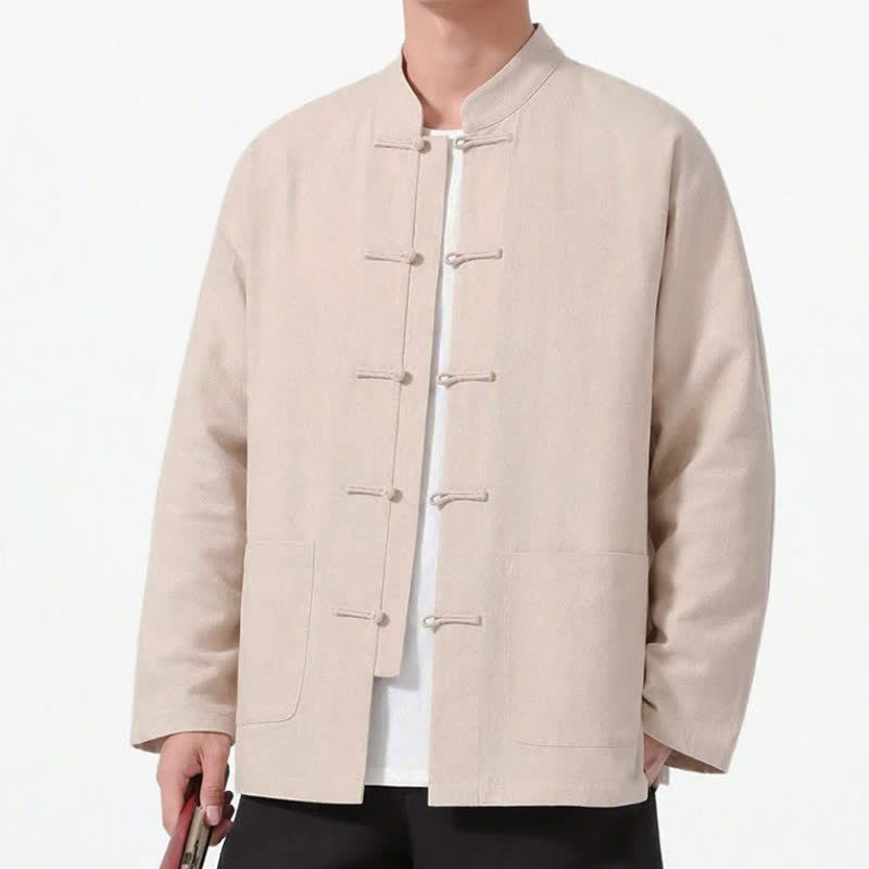 Buddha Stones Spring Fall Tang Style Frog Button Solid Cotton Linen Men's Long Sleeve Shirts With Pockets - image 28