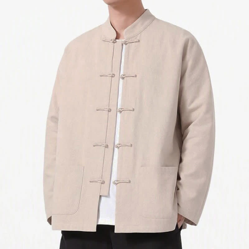 Buddha Stones Spring Fall Tang Style Frog Button Solid Cotton Linen Men's Long Sleeve Shirts With Pockets - image 31