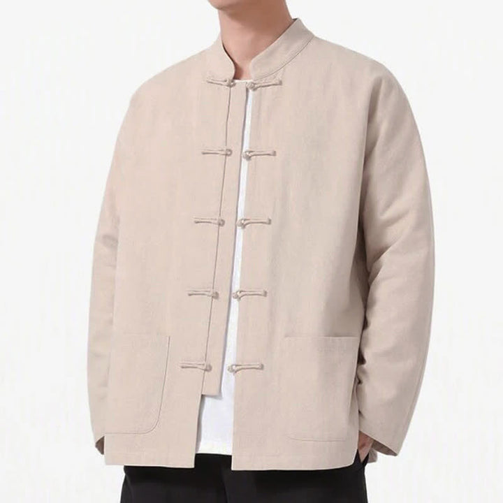 Buddha Stones Spring Fall Tang Style Frog Button Solid Cotton Linen Men's Long Sleeve Shirts With Pockets - image 31