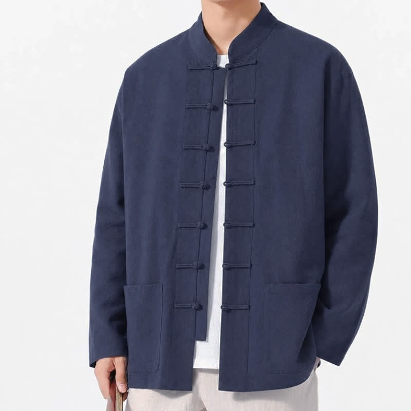 Buddha Stones Spring Fall Tang Style Frog Button Solid Cotton Linen Men's Long Sleeve Shirts With Pockets - image 3