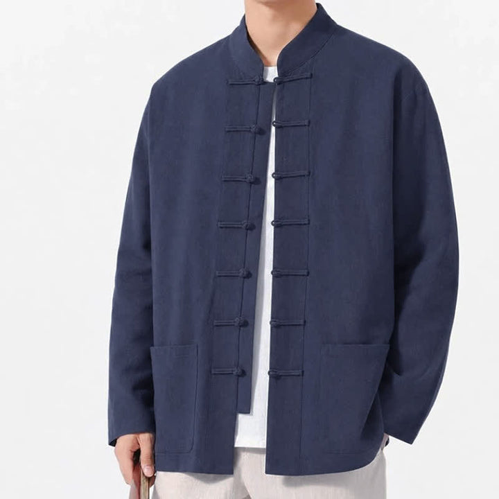 Buddha Stones Spring Fall Tang Style Frog Button Solid Cotton Linen Men's Long Sleeve Shirts With Pockets - image 3