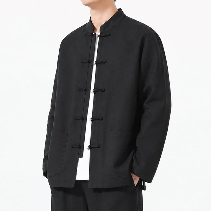 Buddha Stones Spring Fall Tang Style Frog Button Solid Cotton Linen Men's Long Sleeve Shirts With Pockets - image 19
