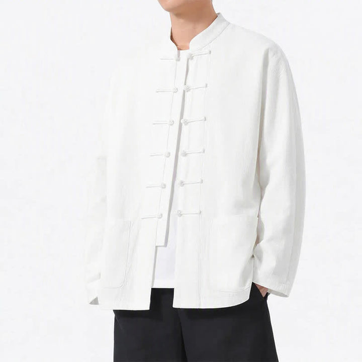 Buddha Stones Spring Fall Tang Style Frog Button Solid Cotton Linen Men's Long Sleeve Shirts With Pockets - White - US/UK/AU46, EU56 (5XL) - image 40