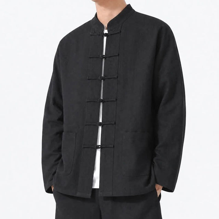 Buddha Stones Spring Fall Tang Style Frog Button Solid Cotton Linen Men's Long Sleeve Shirts With Pockets - image 17