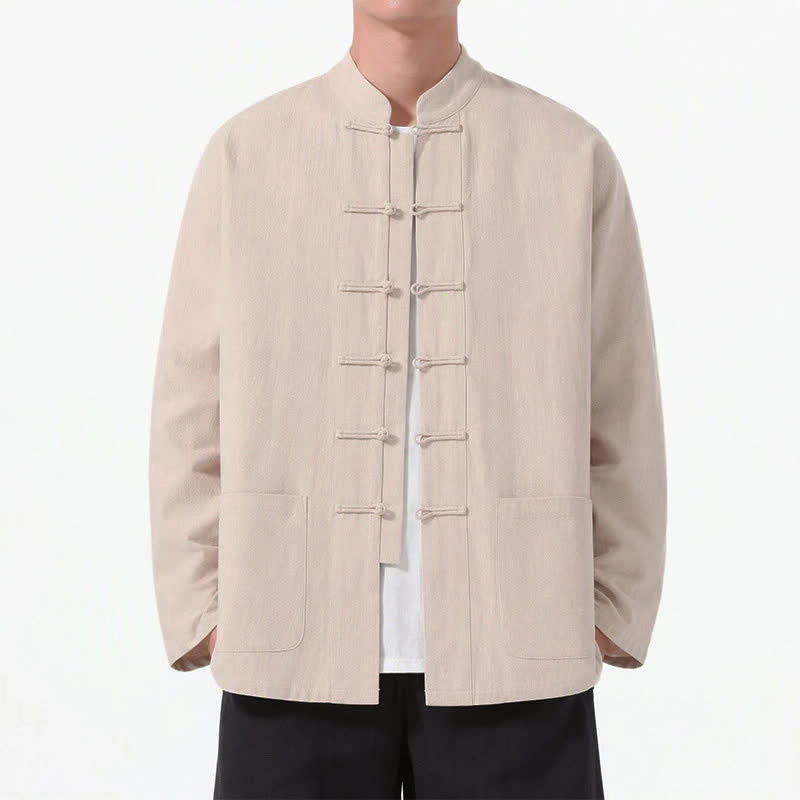 Buddha Stones Spring Fall Tang Style Frog Button Solid Cotton Linen Men's Long Sleeve Shirts With Pockets - Wheat - US/UK/AU46, EU56 (5XL) - image 26