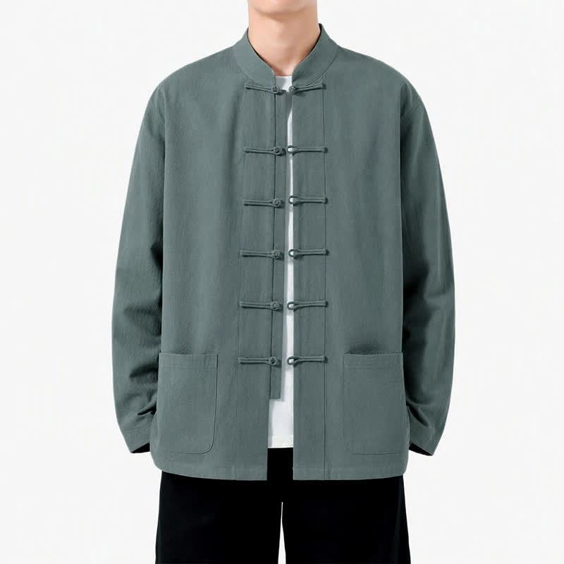 Buddha Stones Spring Fall Tang Style Frog Button Solid Cotton Linen Men's Long Sleeve Shirts With Pockets - LightSeaGreen - US/UK/AU46, EU56 (5XL) - image 33