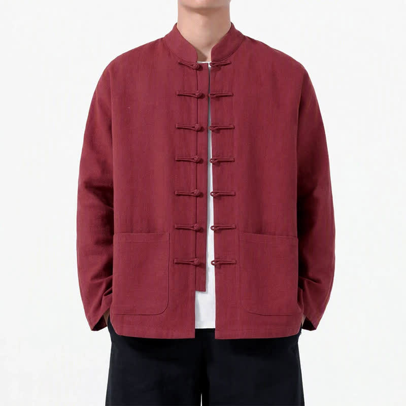 Buddha Stones Spring Fall Tang Style Frog Button Solid Cotton Linen Men's Long Sleeve Shirts With Pockets - Maroon - US/UK/AU46, EU56 (5XL) - image 20