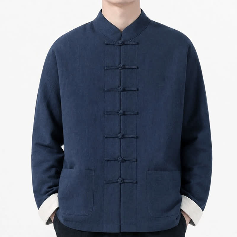 Buddha Stones Spring Fall Casual Tang Style Frog Button Solid Cotton Linen Men's Long Sleeve Shirts With Pockets - image 31