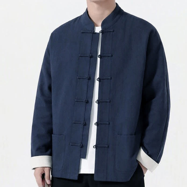 Buddha Stones Spring Fall Casual Tang Style Frog Button Solid Cotton Linen Men's Long Sleeve Shirts With Pockets - image 32
