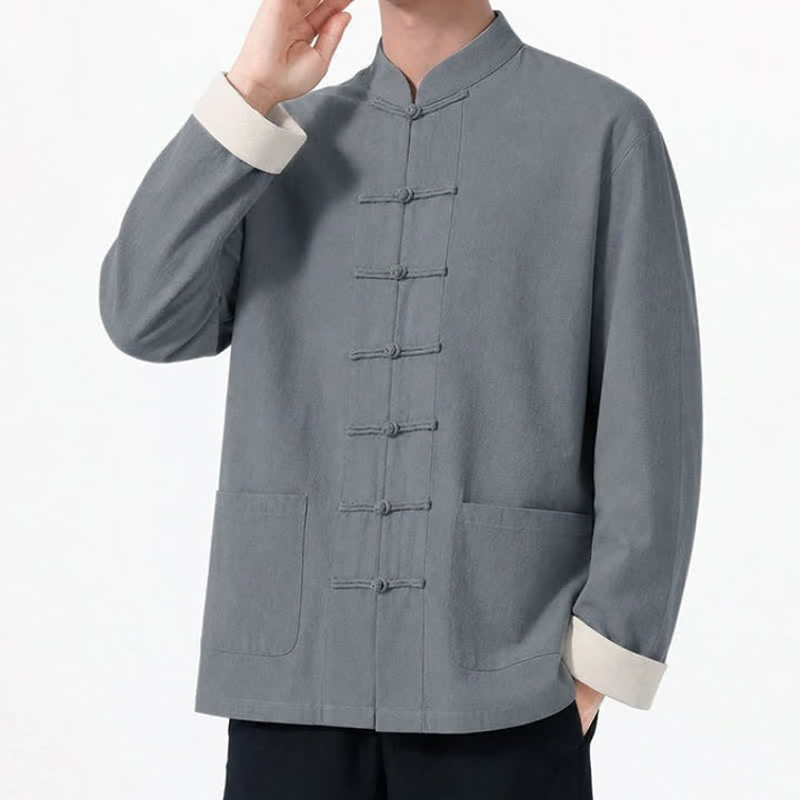 Buddha Stones Spring Fall Casual Tang Style Frog Button Solid Cotton Linen Men's Long Sleeve Shirts With Pockets - image 8