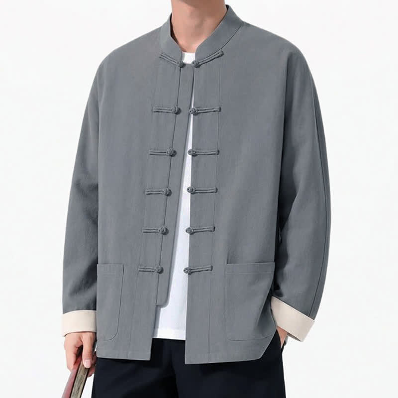 Buddha Stones Spring Fall Casual Tang Style Frog Button Solid Cotton Linen Men's Long Sleeve Shirts With Pockets - image 13
