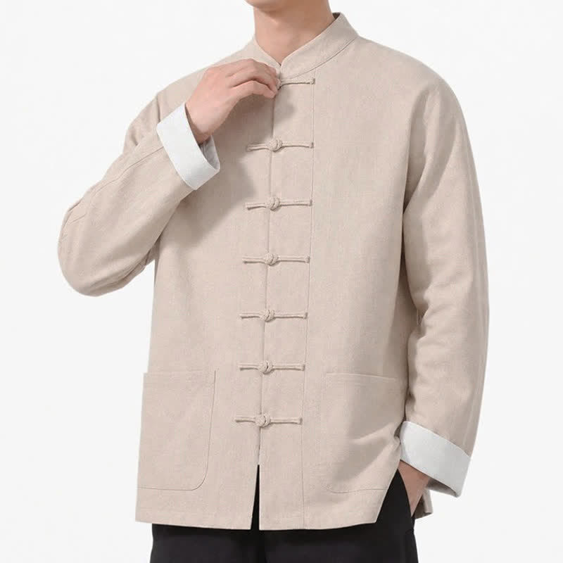 Buddha Stones Spring Fall Casual Tang Style Frog Button Solid Cotton Linen Men's Long Sleeve Shirts With Pockets - image 34