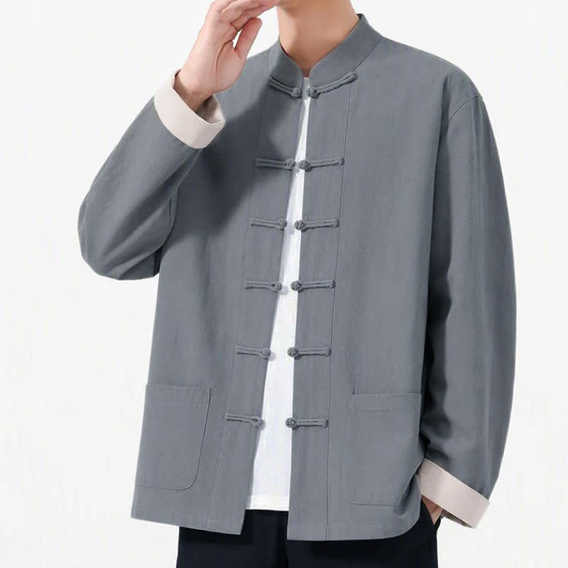 Buddha Stones Spring Fall Casual Tang Style Frog Button Solid Cotton Linen Men's Long Sleeve Shirts With Pockets - image 10