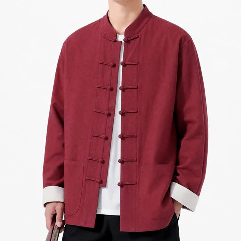 Buddha Stones Spring Fall Casual Tang Style Frog Button Solid Cotton Linen Men's Long Sleeve Shirts With Pockets - image 23