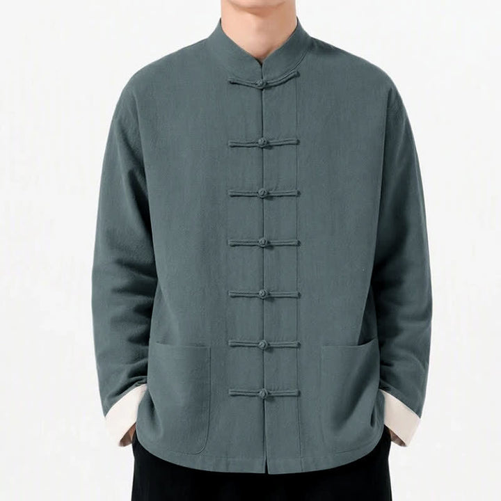 Buddha Stones Spring Fall Casual Tang Style Frog Button Solid Cotton Linen Men's Long Sleeve Shirts With Pockets - image 3