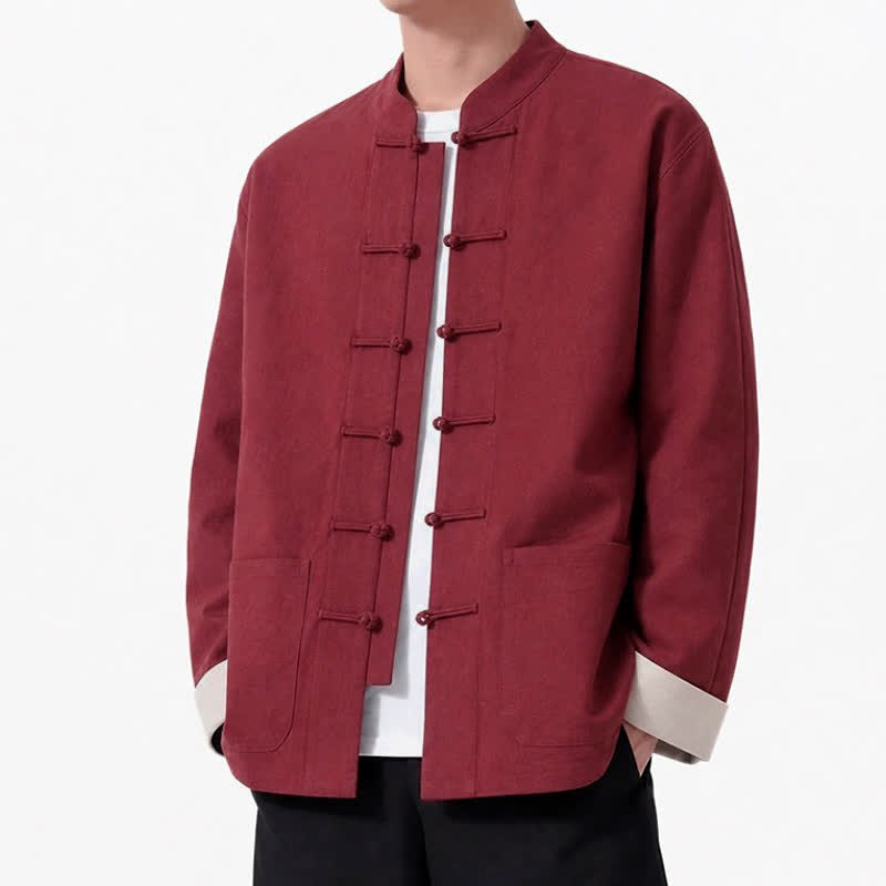 Buddha Stones Spring Fall Casual Tang Style Frog Button Solid Cotton Linen Men's Long Sleeve Shirts With Pockets - FireBrick - US/UK/AU46, EU56 (5XL) - image 21