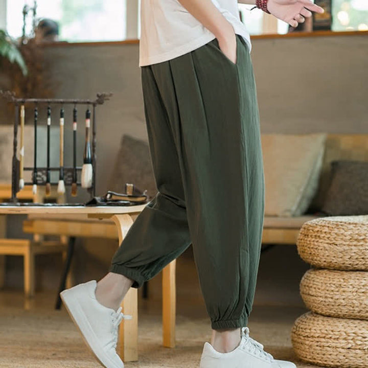 Buddha Stones Fall Winter Casual Minimalist Drawstring Solid Cotton Ankle Pants Men's Tapered Pants With Pockets - image 15