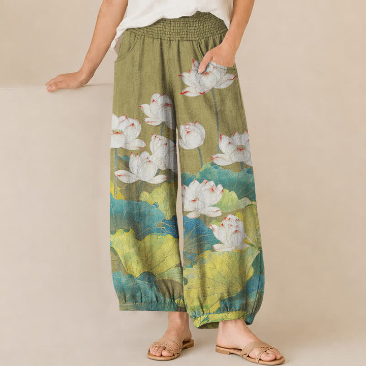 Buddha Stones Cotton Lotus Pond Pattern Pleated Elastic Waist Women's Harem Pants With Pockets - YellowGreen - US16，UK/AU20，EU48 (3XL) - image 6