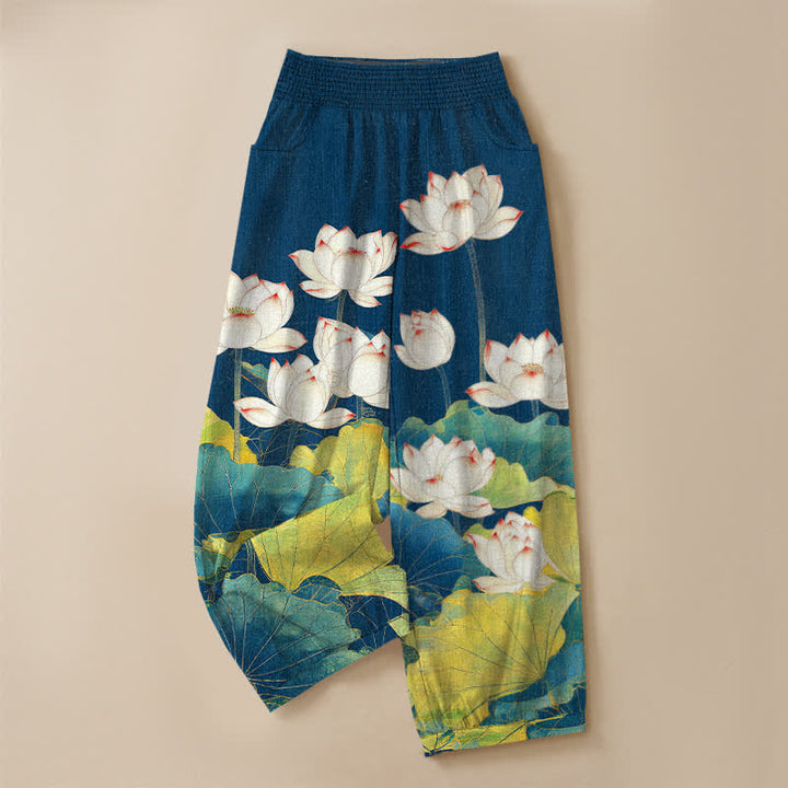 Buddha Stones Cotton Lotus Pond Pattern Pleated Elastic Waist Women's Harem Pants With Pockets - image 3