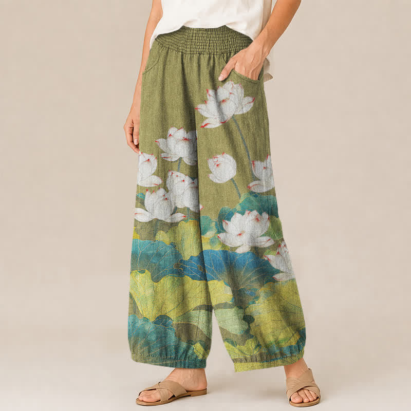 Buddha Stones Cotton Lotus Pond Pattern Pleated Elastic Waist Women's Harem Pants With Pockets - image 7