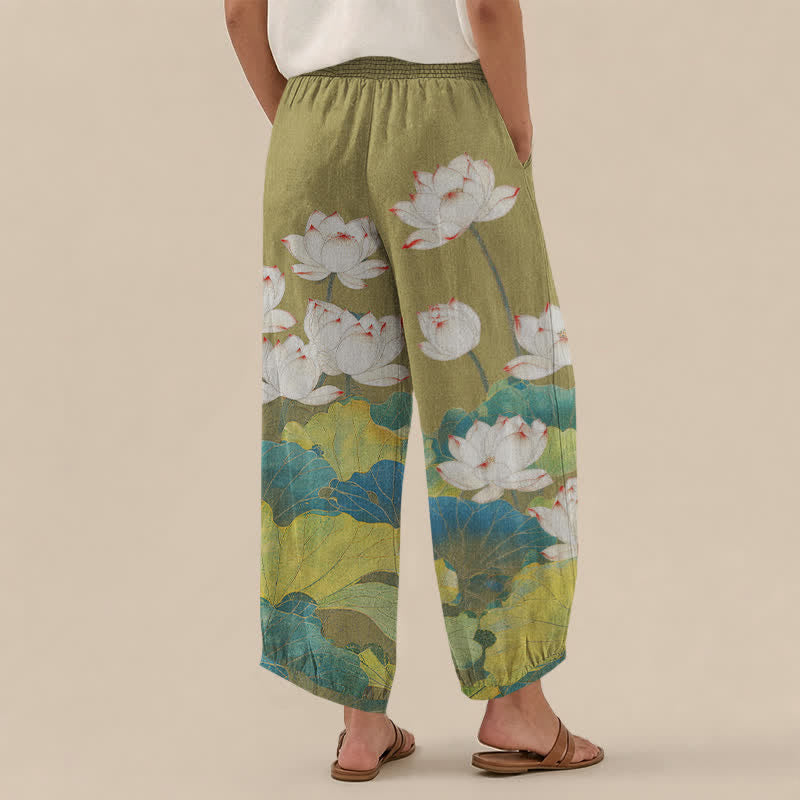Buddha Stones Cotton Lotus Pond Pattern Pleated Elastic Waist Women's Harem Pants With Pockets - image 8
