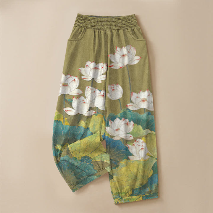 Buddha Stones Cotton Lotus Pond Pattern Pleated Elastic Waist Women's Harem Pants With Pockets - image 9