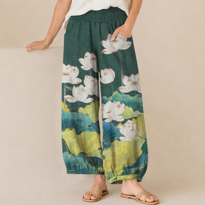 Buddha Stones Cotton Lotus Pond Pattern Pleated Elastic Waist Women's Harem Pants With Pockets - Teal - US16，UK/AU20，EU48 (3XL) - image 10