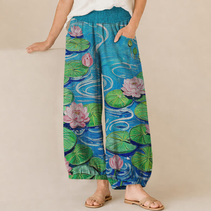 Buddha Stones Cotton Pink Lotus Pond Pattern Pleated Elastic Waist Women's Harem Pants With Pockets - LightSkyBlue - US16，UK/AU20，EU48 (3XL) - image 0