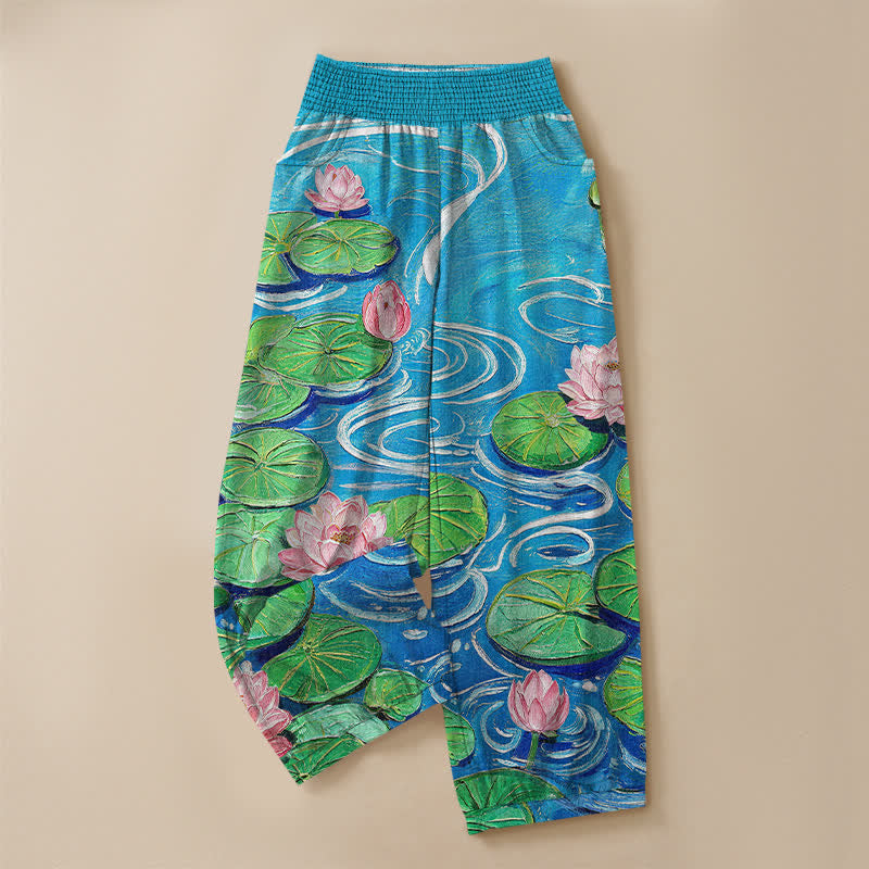 Buddha Stones Cotton Pink Lotus Pond Pattern Pleated Elastic Waist Women's Harem Pants With Pockets - image 3