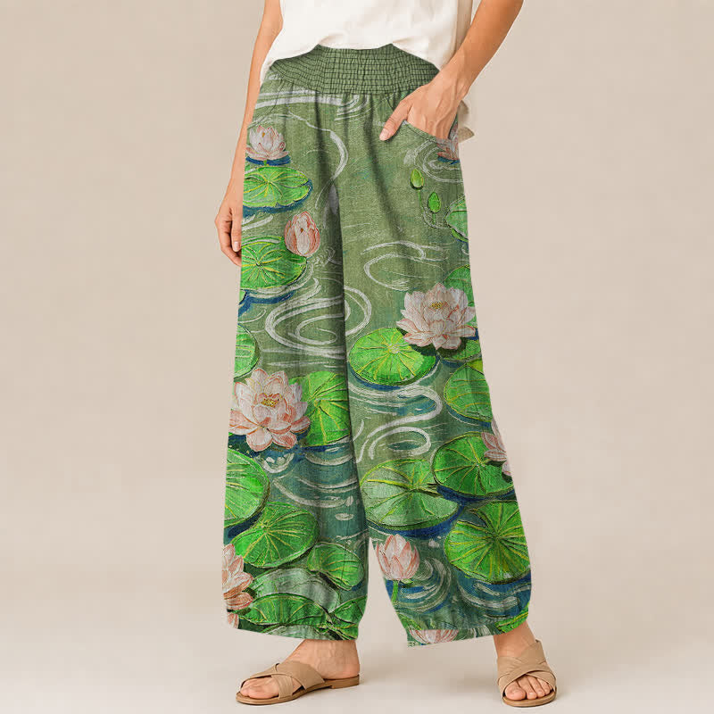 Buddha Stones Cotton Pink Lotus Pond Pattern Pleated Elastic Waist Women's Harem Pants With Pockets - image 7