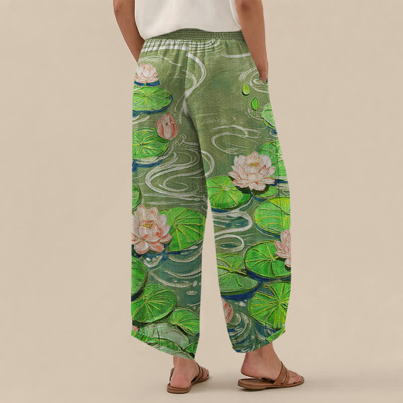 Buddha Stones Cotton Pink Lotus Pond Pattern Pleated Elastic Waist Women's Harem Pants With Pockets - image 8
