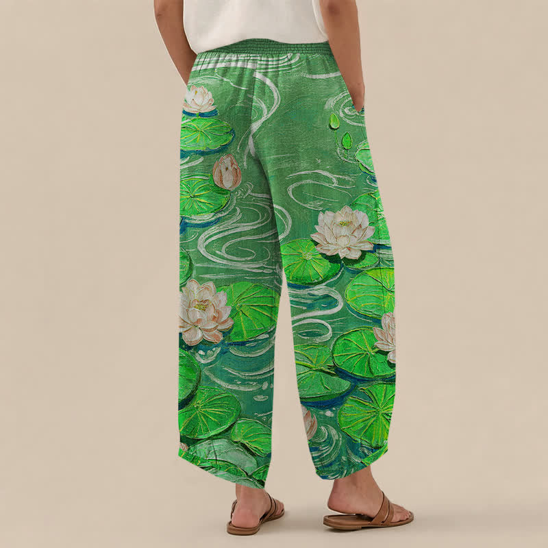Buddha Stones Cotton Pink Lotus Pond Pattern Pleated Elastic Waist Women's Harem Pants With Pockets - image 12
