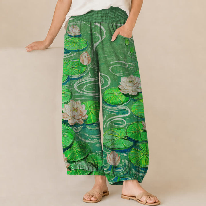 Buddha Stones Cotton Pink Lotus Pond Pattern Pleated Elastic Waist Women's Harem Pants With Pockets - ForestGreen - US16，UK/AU20，EU48 (3XL) - image 10