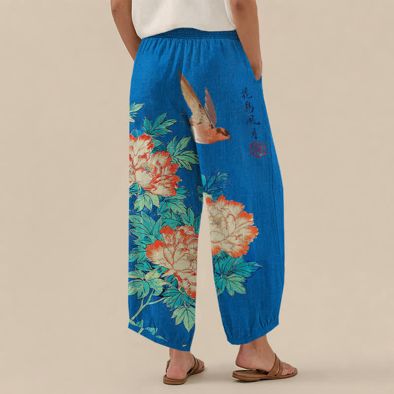 Buddha Stones Cotton Red Peony Bird Calligraphy Pattern Pleated Elastic Waist Women's Harem Pants With Pockets - image 2