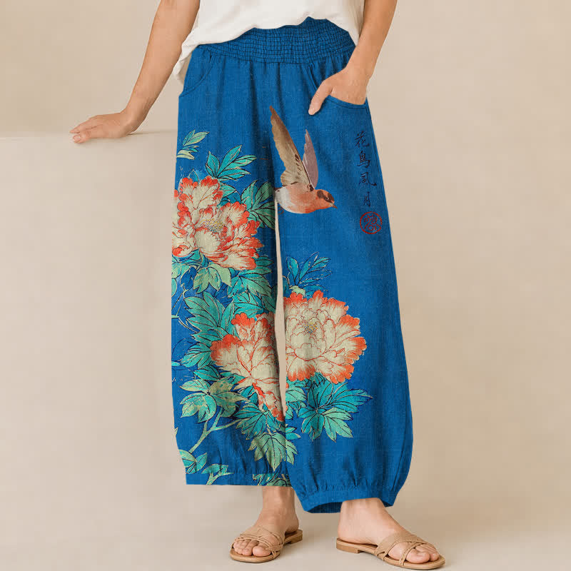 Buddha Stones Cotton Red Peony Bird Calligraphy Pattern Pleated Elastic Waist Women's Harem Pants With Pockets - RoyalBlue - US16，UK/AU20，EU48 (3XL) - image 0