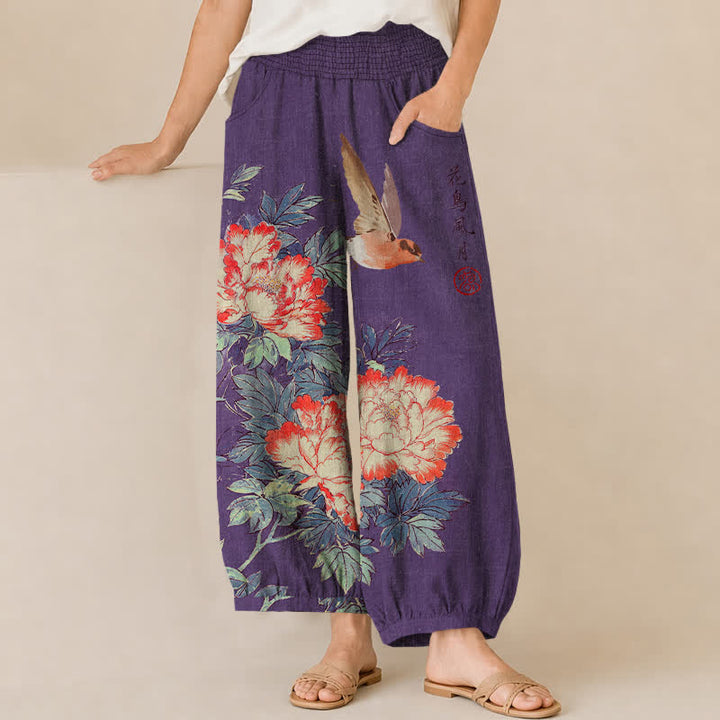 Buddha Stones Cotton Red Peony Bird Calligraphy Pattern Pleated Elastic Waist Women's Harem Pants With Pockets - Purple - US16，UK/AU20，EU48 (3XL) - image 6