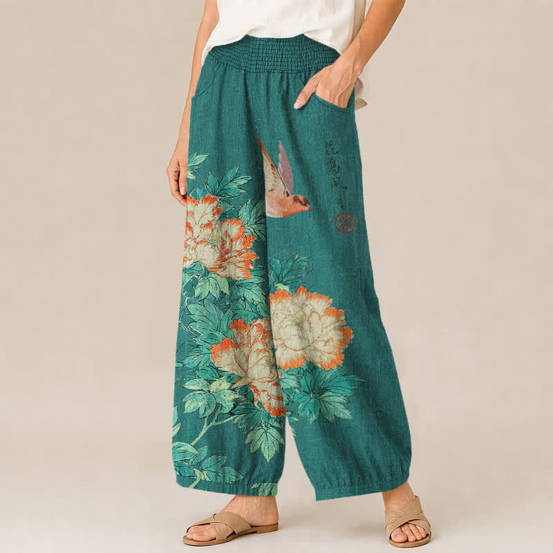 Buddha Stones Cotton Red Peony Bird Calligraphy Pattern Pleated Elastic Waist Women's Harem Pants With Pockets - image 11