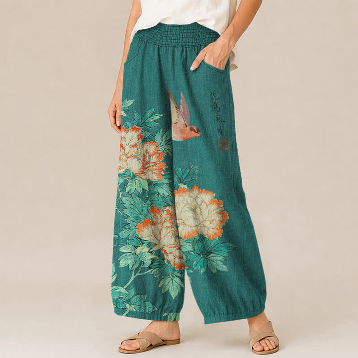 Buddha Stones Cotton Red Peony Bird Calligraphy Pattern Pleated Elastic Waist Women's Harem Pants With Pockets - image 11