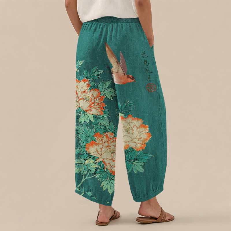 Buddha Stones Cotton Red Peony Bird Calligraphy Pattern Pleated Elastic Waist Women's Harem Pants With Pockets - image 12