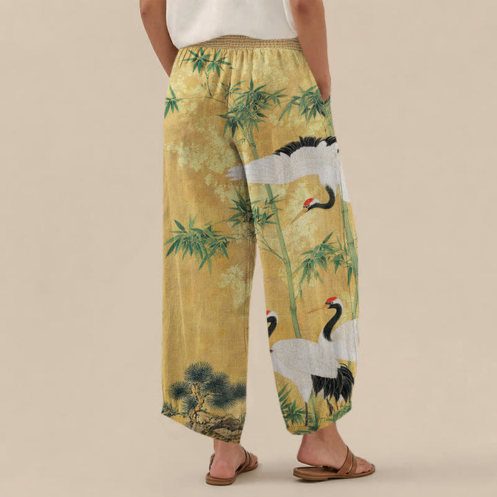 Buddha Stones Cotton Oriental Crane Bamboo Landscape Pattern Pleated Elastic Waist Women's Harem Pants With Pockets - image 2