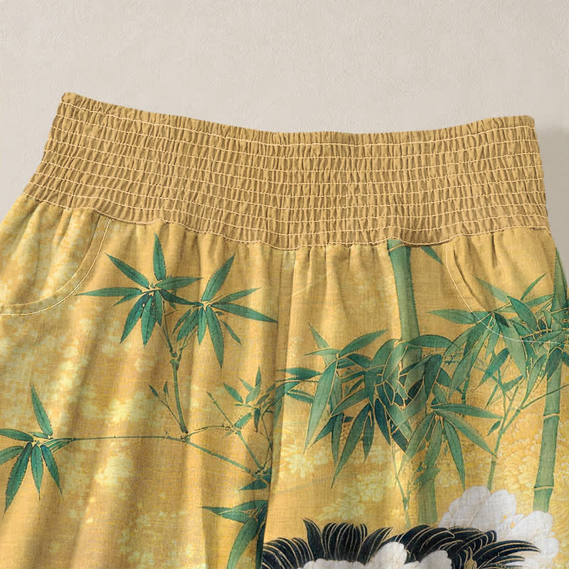 Buddha Stones Cotton Oriental Crane Bamboo Landscape Pattern Pleated Elastic Waist Women's Harem Pants With Pockets - image 4