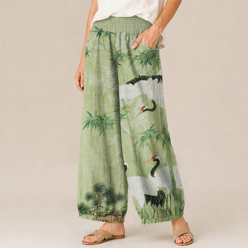 Buddha Stones Cotton Oriental Crane Bamboo Landscape Pattern Pleated Elastic Waist Women's Harem Pants With Pockets - image 7