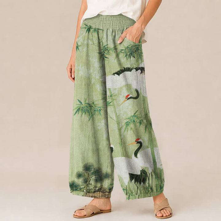 Buddha Stones Cotton Oriental Crane Bamboo Landscape Pattern Pleated Elastic Waist Women's Harem Pants With Pockets - image 7