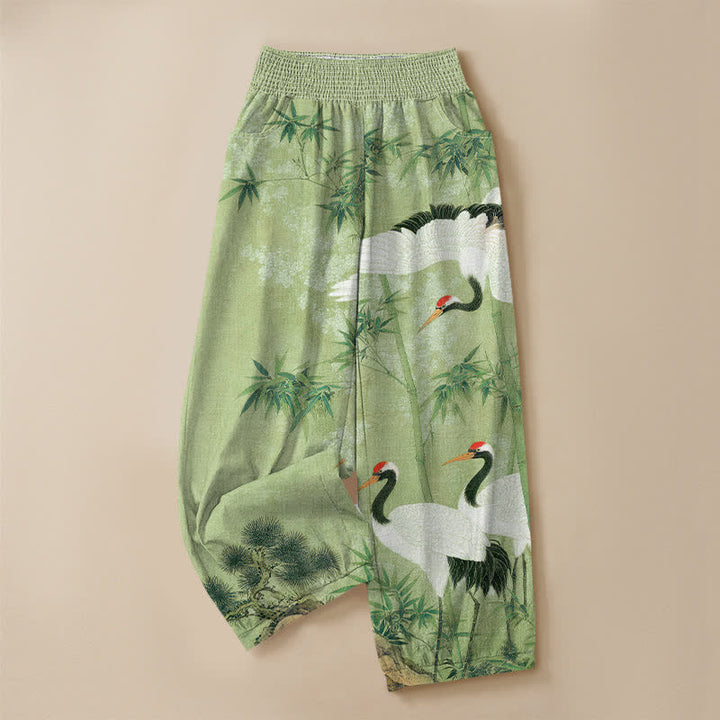 Buddha Stones Cotton Oriental Crane Bamboo Landscape Pattern Pleated Elastic Waist Women's Harem Pants With Pockets - image 9