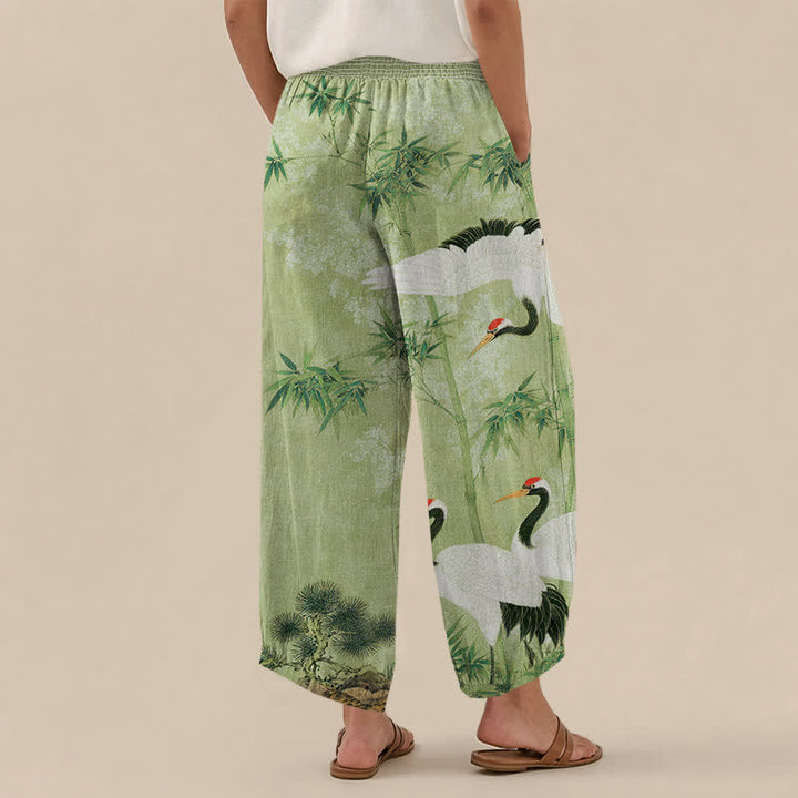 Buddha Stones Cotton Oriental Crane Bamboo Landscape Pattern Pleated Elastic Waist Women's Harem Pants With Pockets - image 8