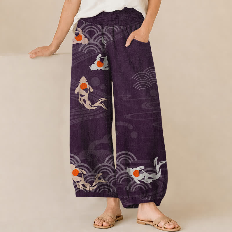 Buddha Stones Cotton Japanese Wave Koi Fish Pattern Pleated Elastic Waist Women's Harem Pants With Pockets - Indigo - US16，UK/AU20，EU48 (3XL) - image 6
