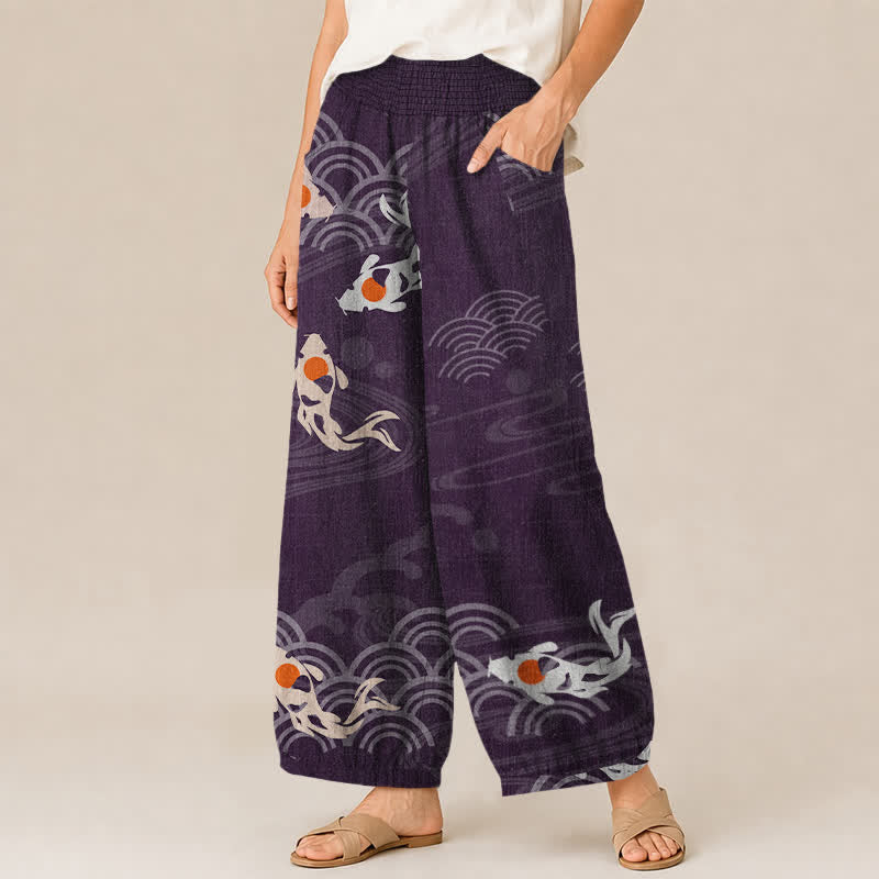 Buddha Stones Cotton Japanese Wave Koi Fish Pattern Pleated Elastic Waist Women's Harem Pants With Pockets - image 7